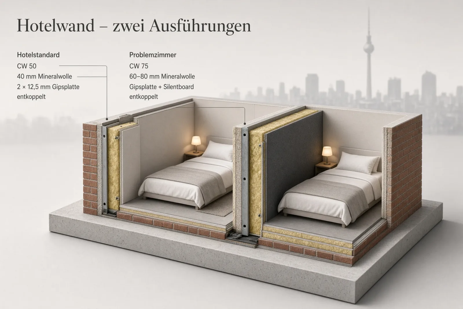 KI-Visualisierung: Schnittmodell zweier Hotelzimmer – Hotelstandard mit CW 50, 40 mm Mineralwolle und 2 × 12,5 mm Gipsplatte, entkoppelt; Problemzimmer mit CW 75, 60–80 mm Mineralwolle, Gipsplatte und Silentboard, entkoppelt
