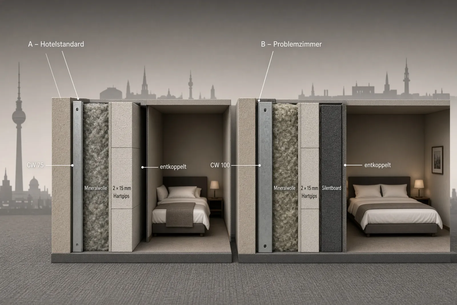 KI-Visualisierung: Schnittmodell zweier Hotelwände – A Hotelstandard mit CW 75, Mineralwolle, 2 × 15 mm Hartgips, entkoppelt; B Problemzimmer mit CW 100 und zusätzlich Silentboard